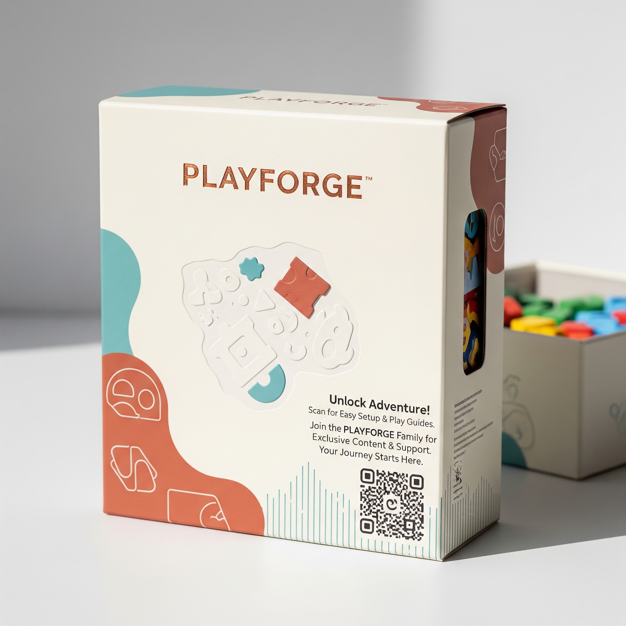 A PLAYFORGE toy box with a QR code reading Scan for Easy Setup and Play Guides.