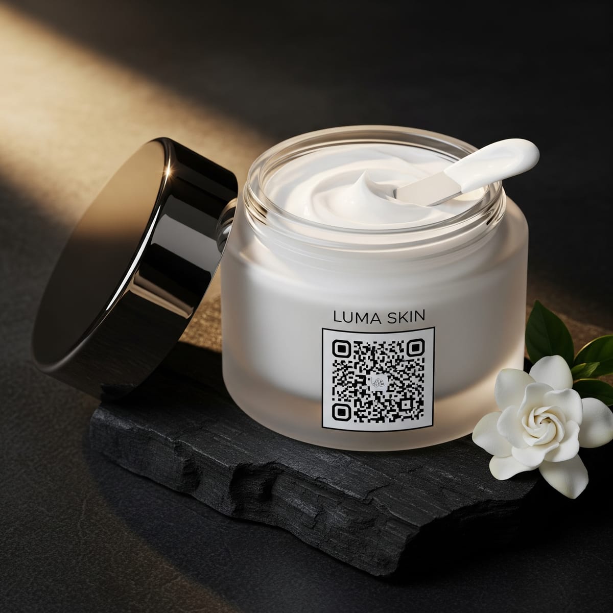 An open jar of LUMA SKIN face cream with a swatch of product on the applicator, a QR code on the jar label.