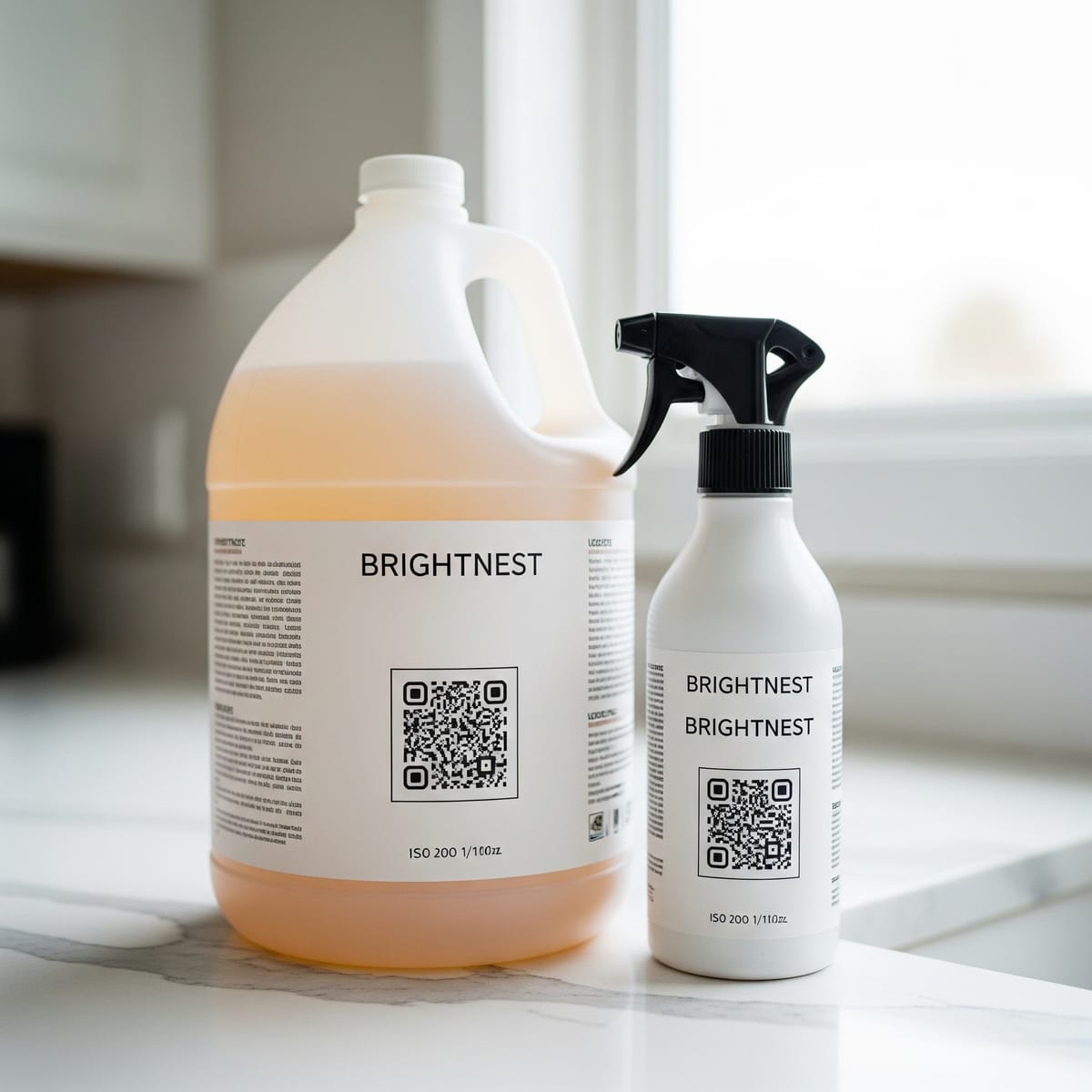 A BRIGHTNEST cleaning refill jug and spray bottle on a kitchen counter, each labeled with a QR code.