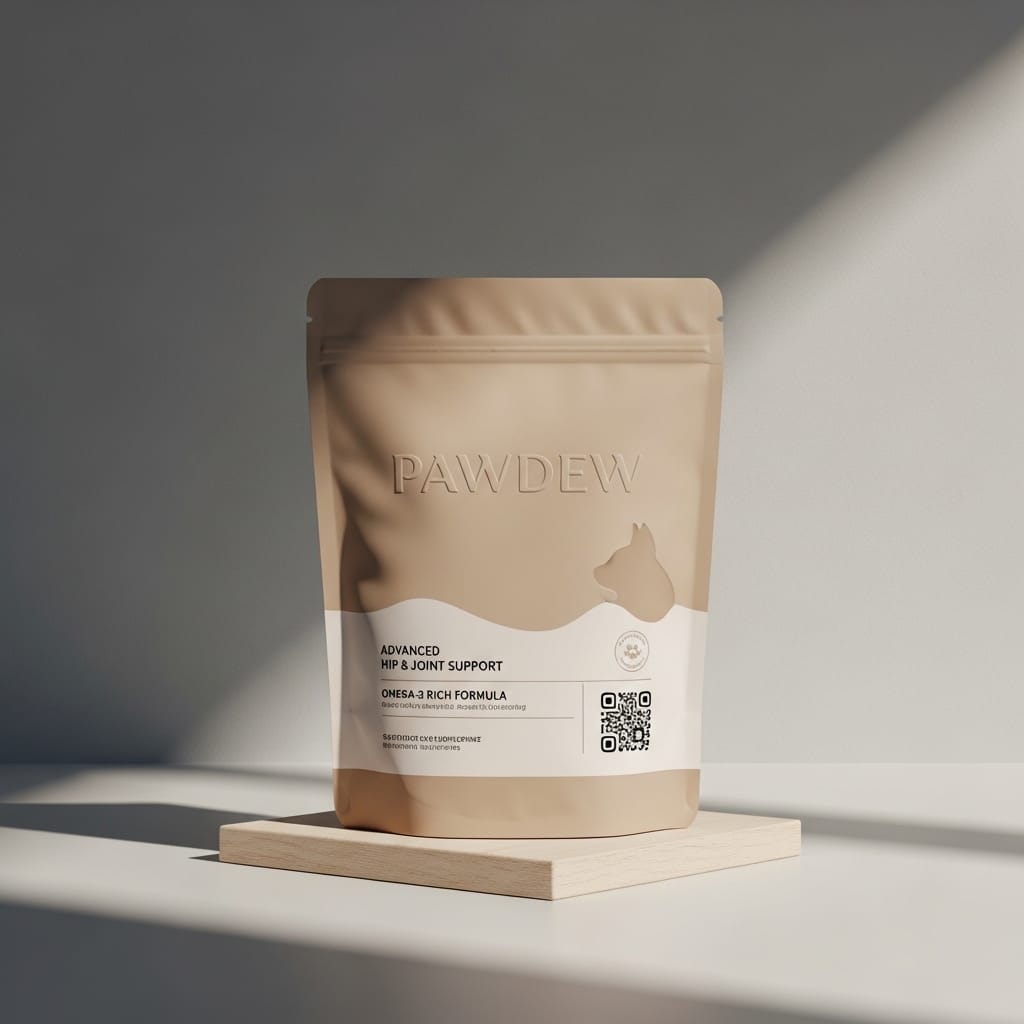 A PAWDEW pet supplement pouch labeled Advanced Hip and Joint Support with a QR code on the front.