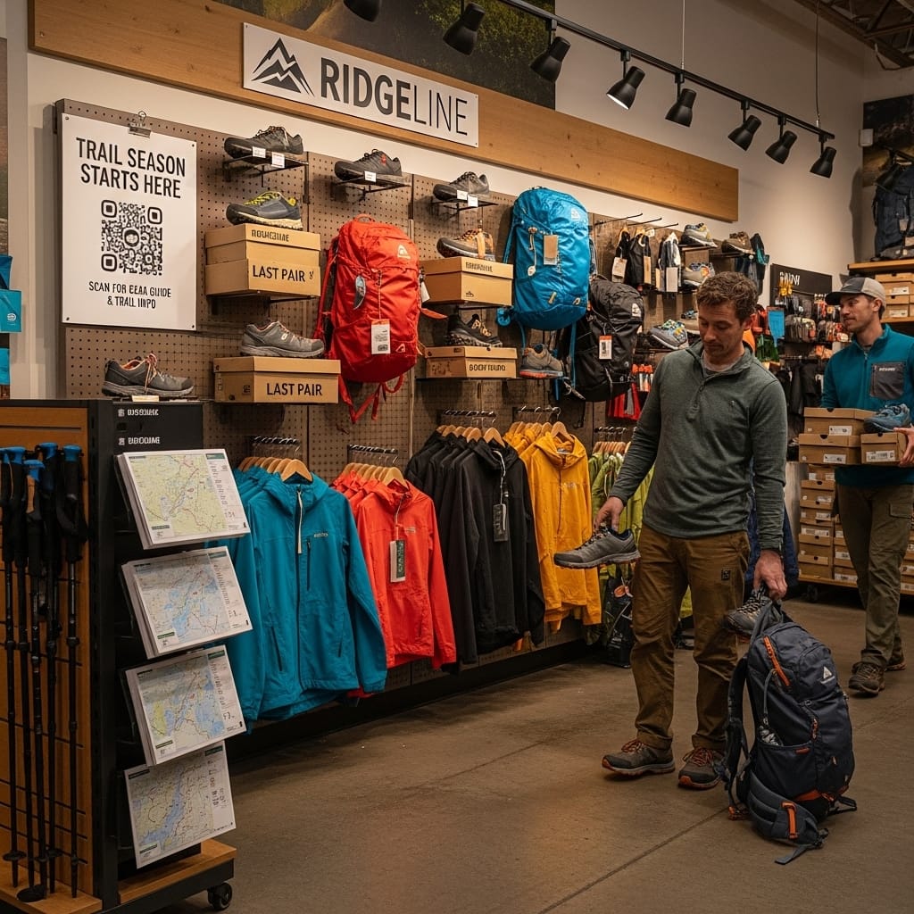 A RIDGELINE outdoor gear store wall of hiking boots, backpacks, and jackets beneath a trail-guide QR sign.