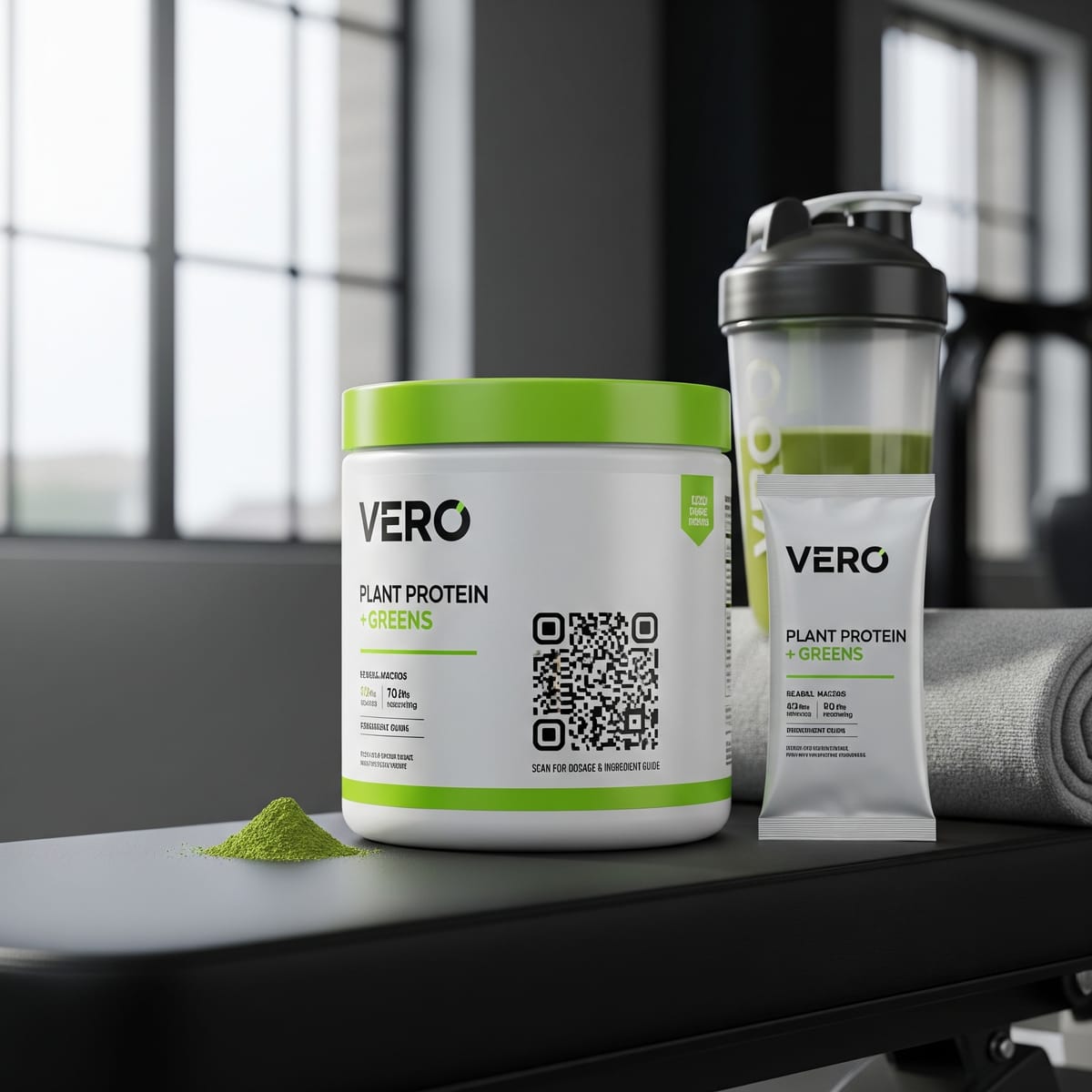 A VERO plant protein tub and shaker bottle with a scoop of green powder, a QR code on the tub label.