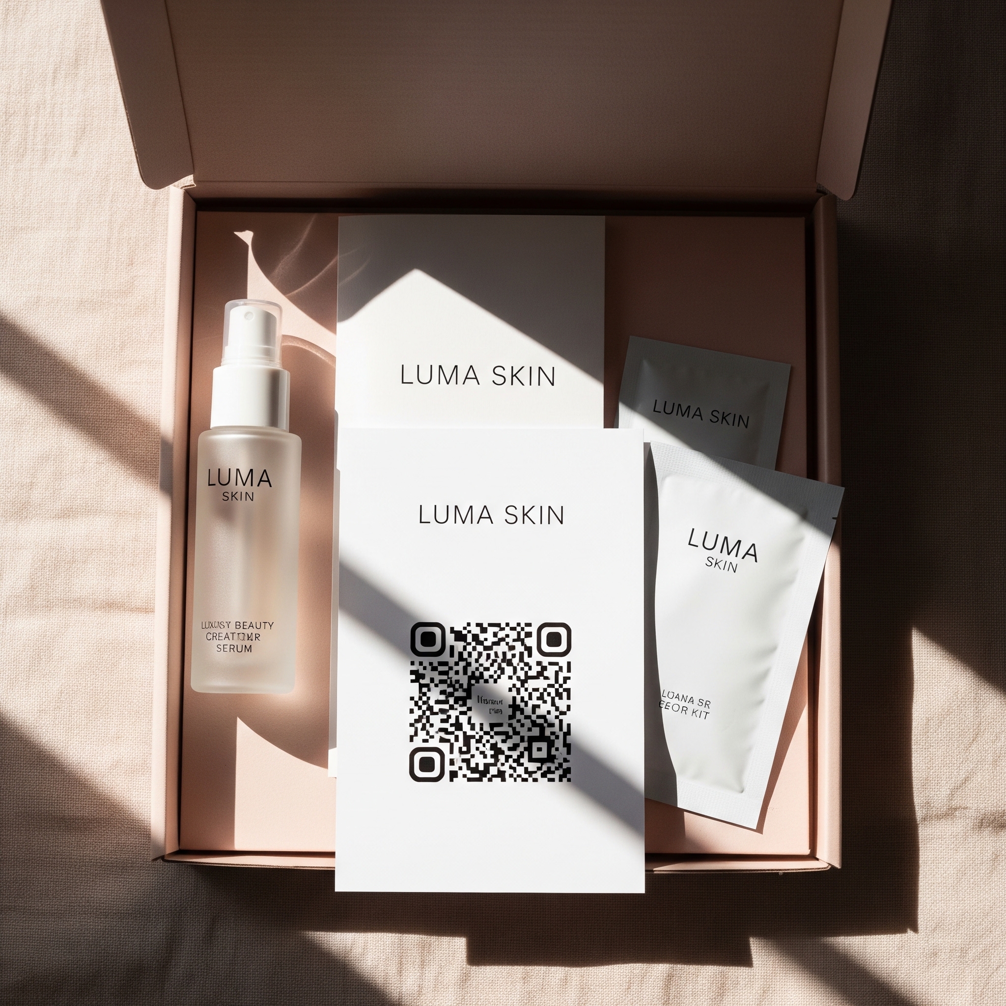 LUMA SKIN skincare products laid out with a QR code on the packaging.