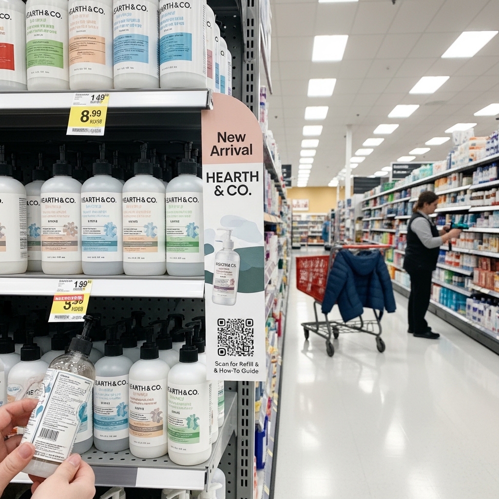 A retail aisle shelf sign with a QR code reading Scan for Refill and How-To Guide.