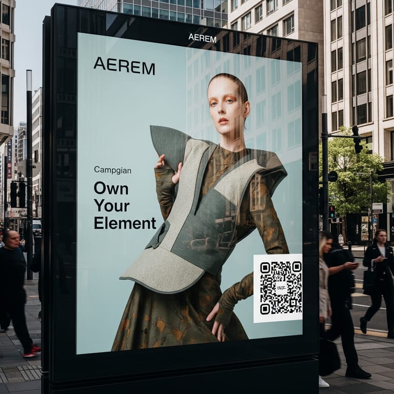 A digital out-of-home street display showing a fashion campaign with a QR code in the corner.
