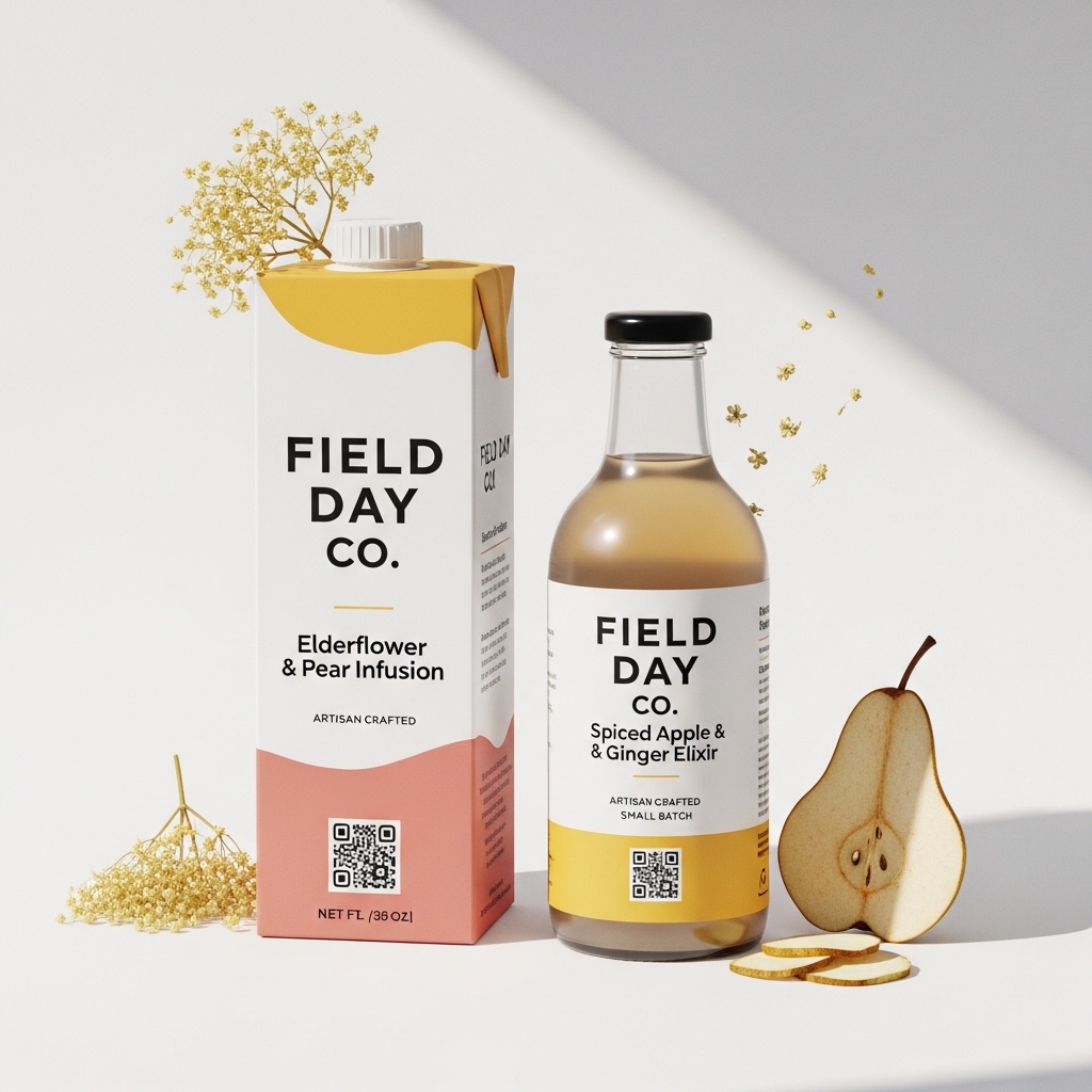 Two beverage packaging pieces, a carton and a bottle, each printed with a QR code on the label.