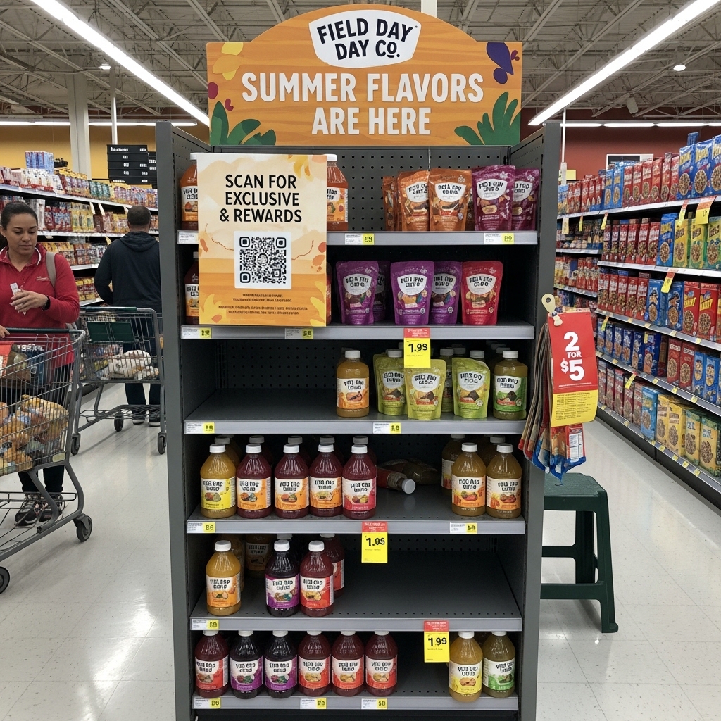 A retail shelf of supplement products with a QR code shelf-talker sign standing among the jars.
